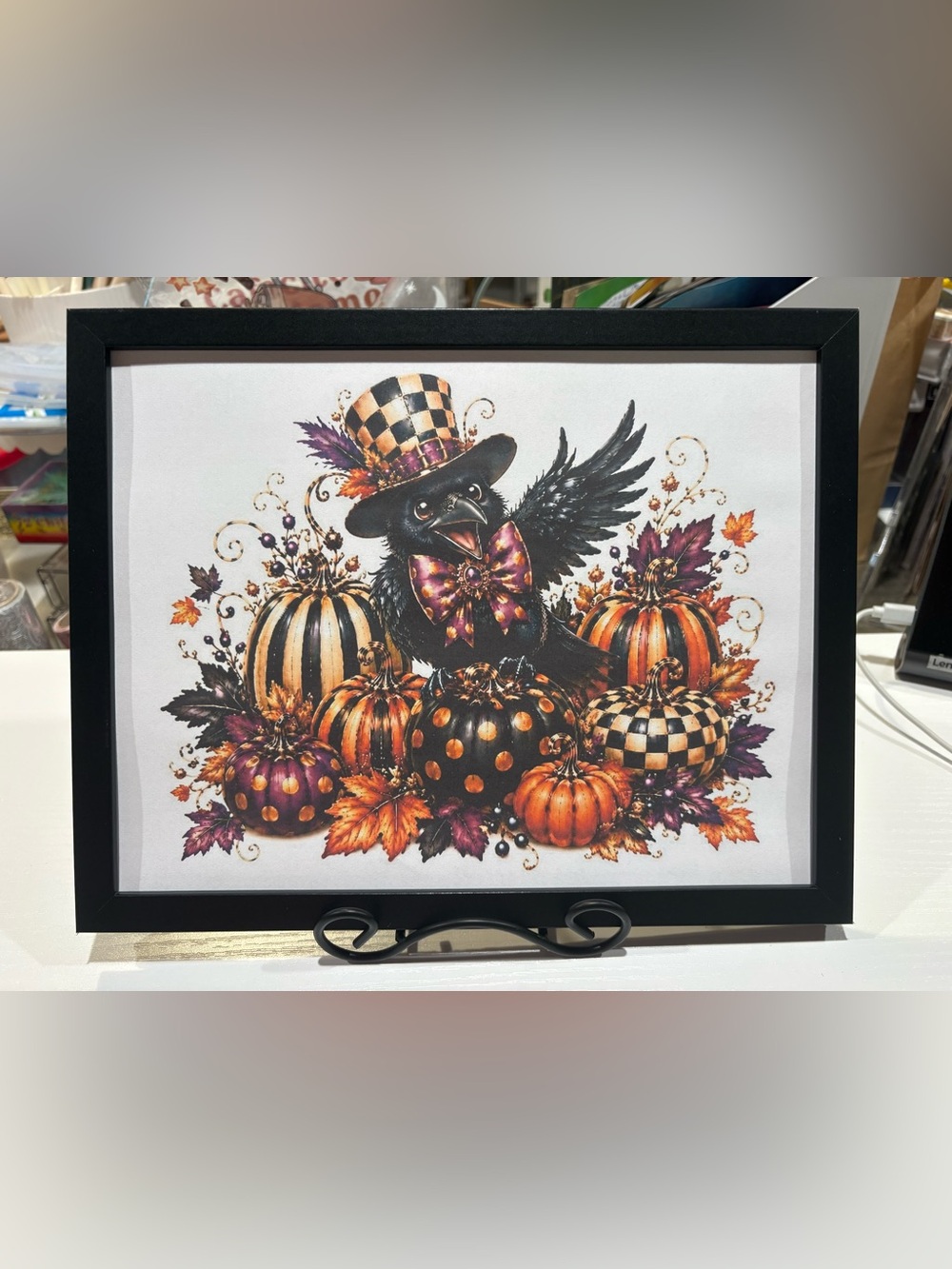 Framed Festive Iconic Checkered Halloween Crow & Pumpkin 8x10 Wall Art